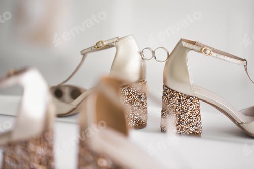 Preview: Gold wedding rings between the bride 's wedding shoes