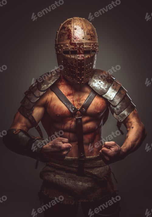 Preview: Angry bloody gladiator in helmet and ancient armor.