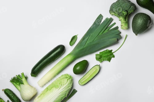 Preview: Flat lay composition with fresh ripe vegetables on white background