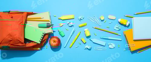 Visualização: Conceito de educação escolar com acessórios escolares, vista superior