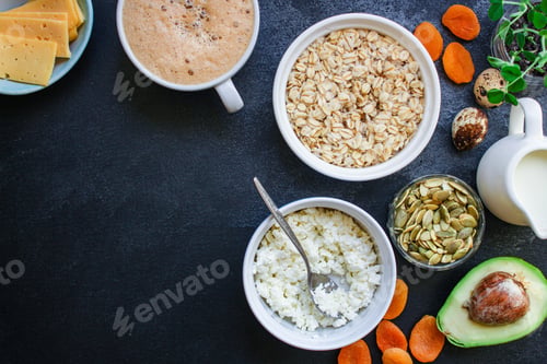 Preview: Breakfast (Oatmeal Porridge, Dairy Products And More, Snack) Menu Concept Background. Top View