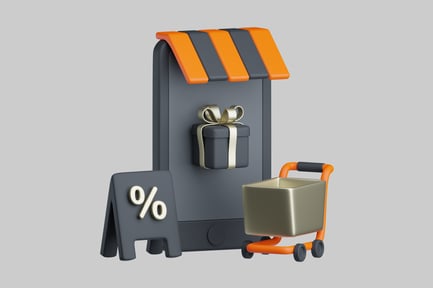 Preview: Storefront with shopping cart and sign.