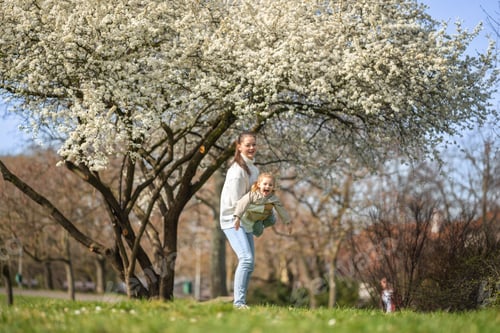 Preview: Young mother and her cute daughter having a fun in spring time park in Prague, Europe