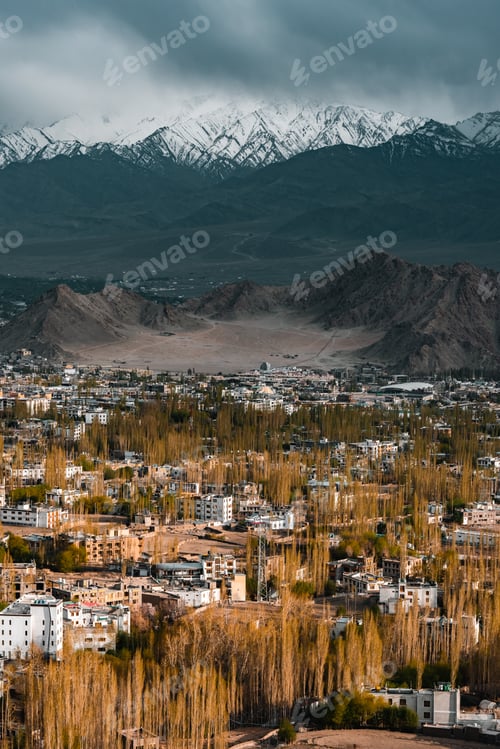 Preview: Panoramic view of Leh city in Ladakh, India, nestled in Himalayan mountains, dramatic brown ridges