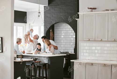 Preview: Baking, happy and big family bonding in kitchen for food with conversation in a house. Cooking, comm