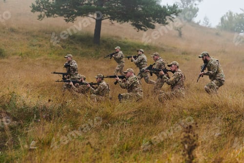 Preview: A disciplined and specialized military unit, donned in camouflage, strategically patrolling and