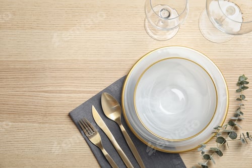 Preview: Elegant table setting and space for text on wooden background, top view