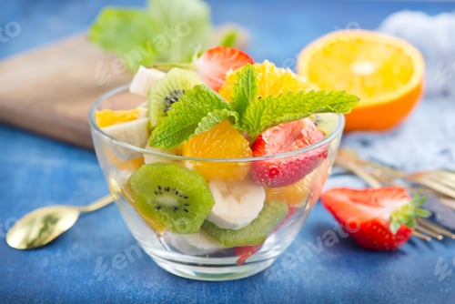 Fresh Fruit Salad in a Clear Glass Bowl