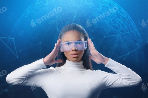 Preview: Smart African Woman Standing In Front Of Futuristic Touchscreen