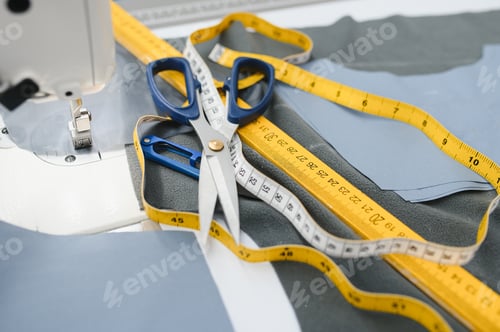 Preview: Composition of sewing thread, scissors and tape measure on a white table.