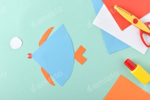 Preview: DIY fish. Step-by-step instructions. Copy space. Flat lay, top view