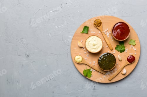 Preview: Many different sauces and herbs on table, flat lay top view. sauces on plate, healthy concept