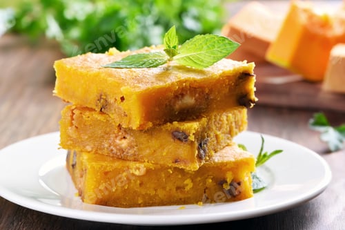 Preview: Sliced pumpkin pie with nuts