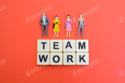 Preview: Miniature business people with text TEAMWORK.together to collaborate, share their skills, knowledge