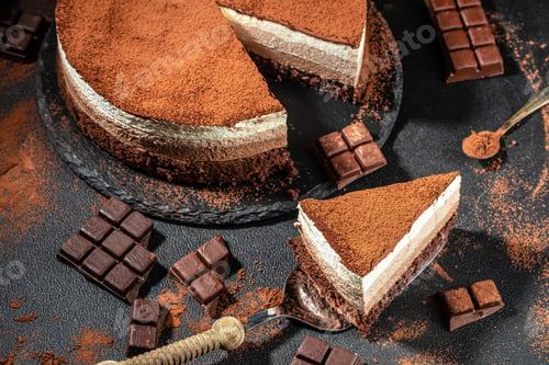 Preview: three chocolates cake. mousse cake on a dark background. Food recipe background. Close up