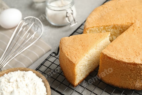 Preview: Delicious fresh homemade cake on grey marble table, closeup