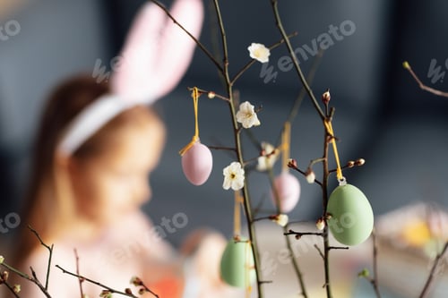 Preview: Background for celebrating happy Easter at home with painted eggs