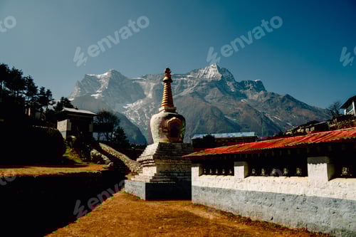 Preview: Mountain Temple Landscape with Buddhist Architecture and Clear Sky