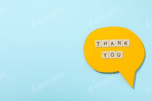 Preview: Thank you, the word is laid out from letters on a blue background.
