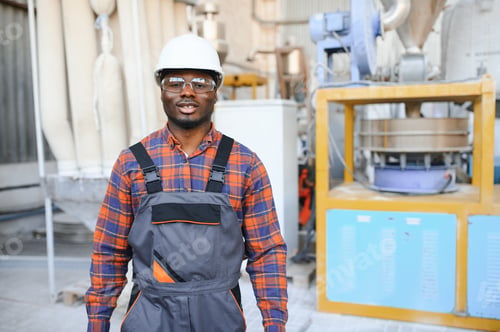 Preview: Smiling factory worker with hard hat standing in factory production line