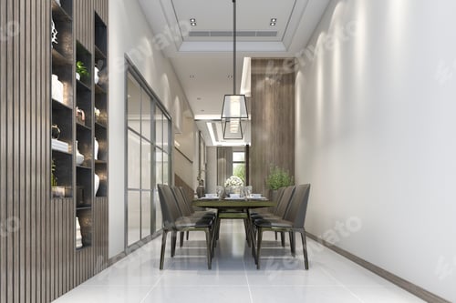 Preview: 3d rendering modern nice wood restaurant and dining zone near shelf decor