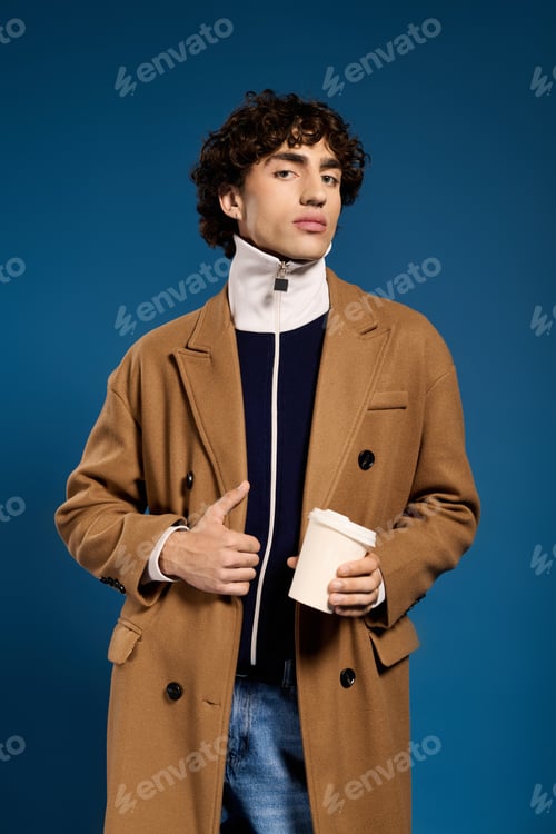 Preview: Stylish young man exudes confidence in fashionable coat against vibrant blue background