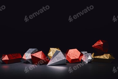 Preview: red, silver and golden glittering minerals on black background