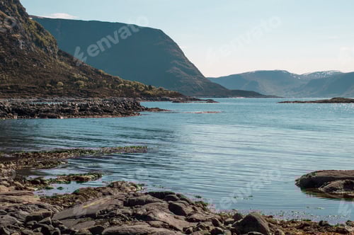 Preview: View from the shore of the fjord. Rocky shore