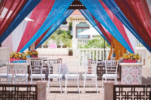 Preview: Indian traditional ceremony venue decoration with colorful soft fabric for thread ceremony
