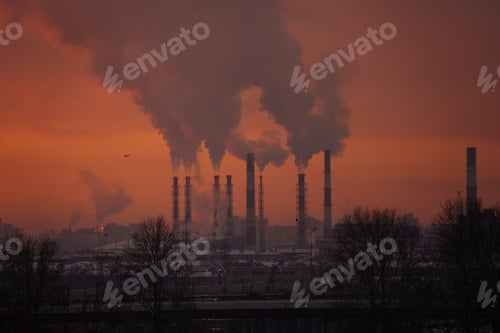 Preview: Smoking pipes of factory, heating station or power plant. Environment pollution from carbon in city
