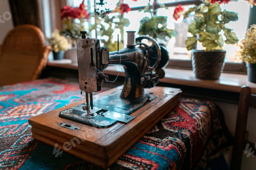 Preview: Vintage weathered sewing machine on a table carpet