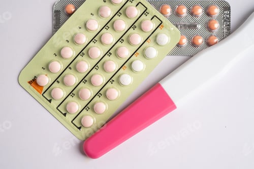 Preview: Pregnancy test and birth control pills, contraception health and medicine.