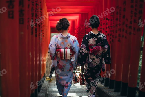 Preview: Two japanese girls wearing kimonos traditional clothes, lifestyle moments