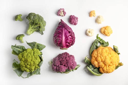 Preview: Different fresh cabbages on white background, top view. Healthy food