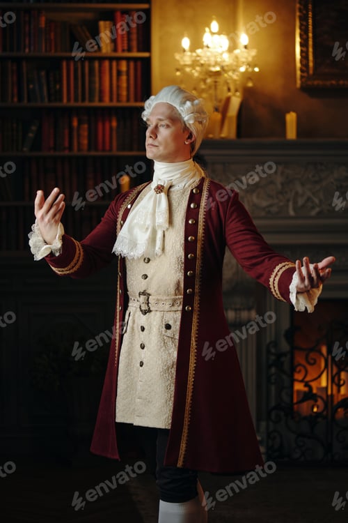 Preview: Caucasian Middle Aged Man Performing Dramatic Gesture in Baroque Setting