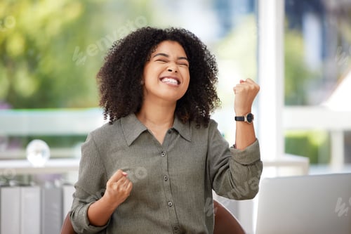 Preview: Laptop, success and black woman celebrating in office, happy and excited against blurred background