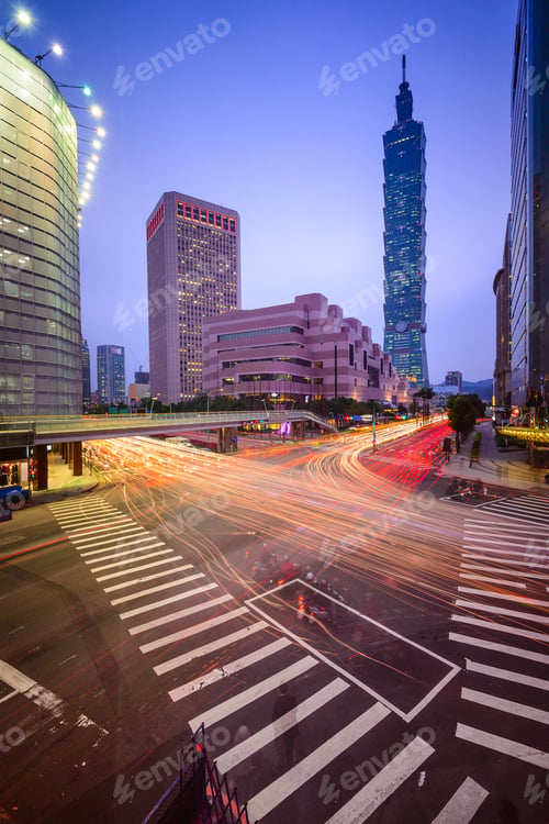 Preview: Taipei, Taiwan Citsyscape And Intersection At Twilight.