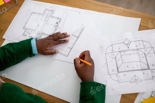 Preview: Black Male Architect Drawing Plan In Office, Closeup Of Hands
