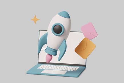 Preview: Stylized rocket ship emerging from a laptop.