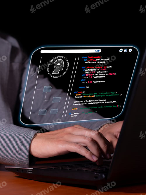Preview: Vertical Photo of a Computer programmer who programs with the help of new artificial intelligence.