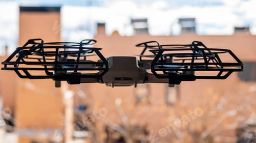 Preview: Selective focus of a drone flying against a brick house