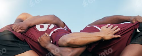 Preview: Sports, teamwork and scrum with people on field for challenge, championship and rugby match. Fitnes
