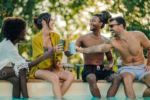 Preview: Friends toasting colorful drinks at a pool party
