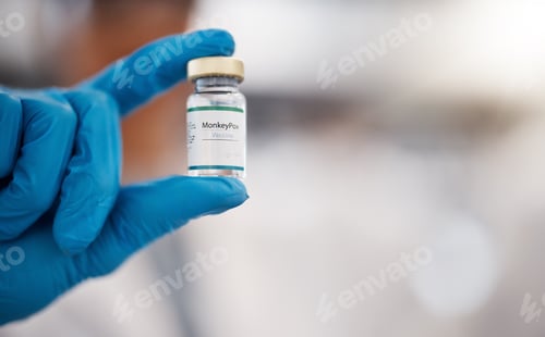 Preview: Hands, mockup and monkeypox vaccine in a hospital with a doctor holding a bottle of treatment or cu