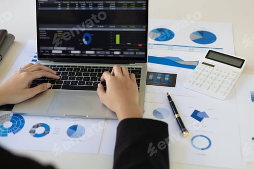Preview: Businesswoman working with laptop and documents analyzing business charts and planning investment.