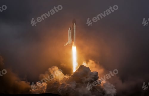 Preview: Rocket liftoff. Shuttle spaceship launch in the clouds sky. Spaceship begins mission. Space shuttle