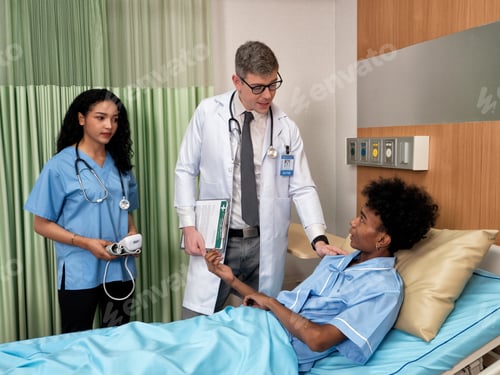 Preview: In hospital room nurse report to the doctor of patient lay on bed on his illness condition