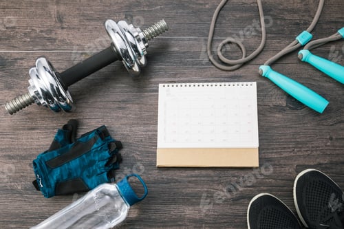 Preview: High angle shot of sports equipment on a wooden surface