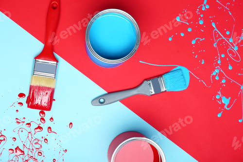 Preview: Flat lay composition with paint cans and brushes on color background