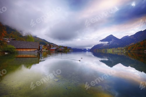 Preview: Misty morning on the lake Grundlsee Alps Austria Europe